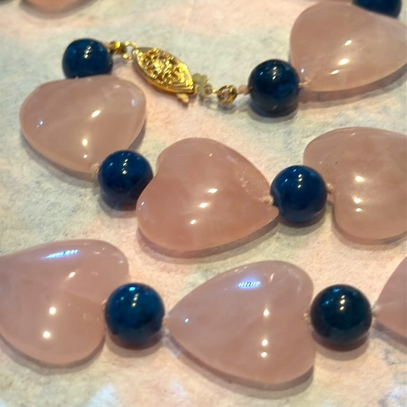 Rose quartz heart beads & lapis knotted necklace w/ 14K gold clasp - 24”’ - Picture 5 of 5